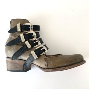 Freebird by Steven Scarlett Olive Brown Multi-Buckle Ankle Boots 8 Boho Western